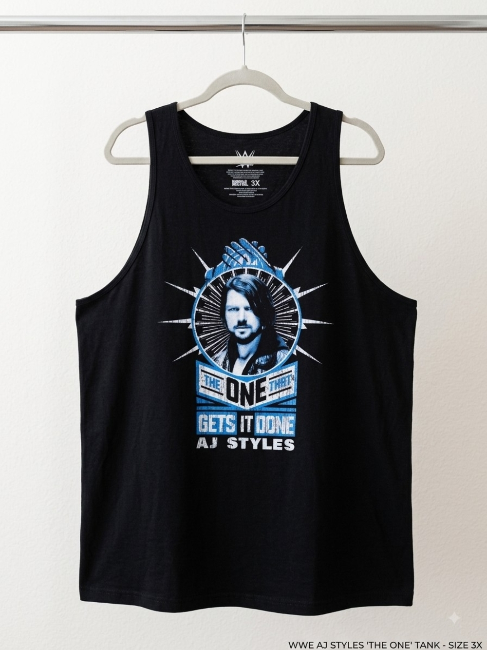 Ripple Junction AJ Styles Black Tank Top with Blue & White Graphic